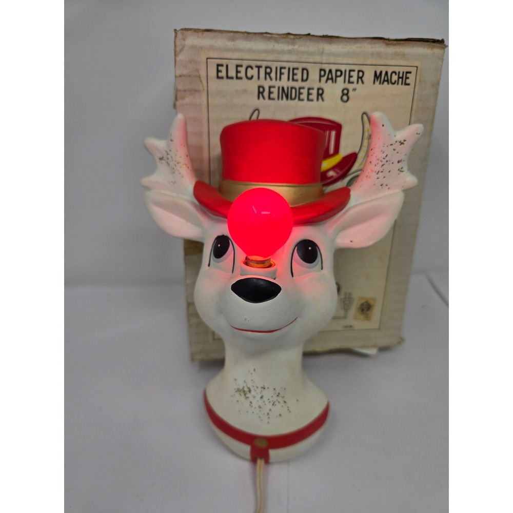 Vintage Electrified Papier Mache Reindeer Light Up Nose Japan Christmas MCM 8"